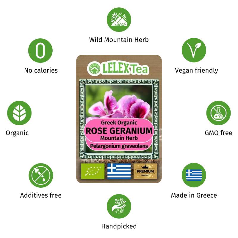 GREEK ORGANIC HERB OF THE MOUNTAIN Wild-Harvested Rose Geranium, Sweet-Scented Geranium Tea LelexTea